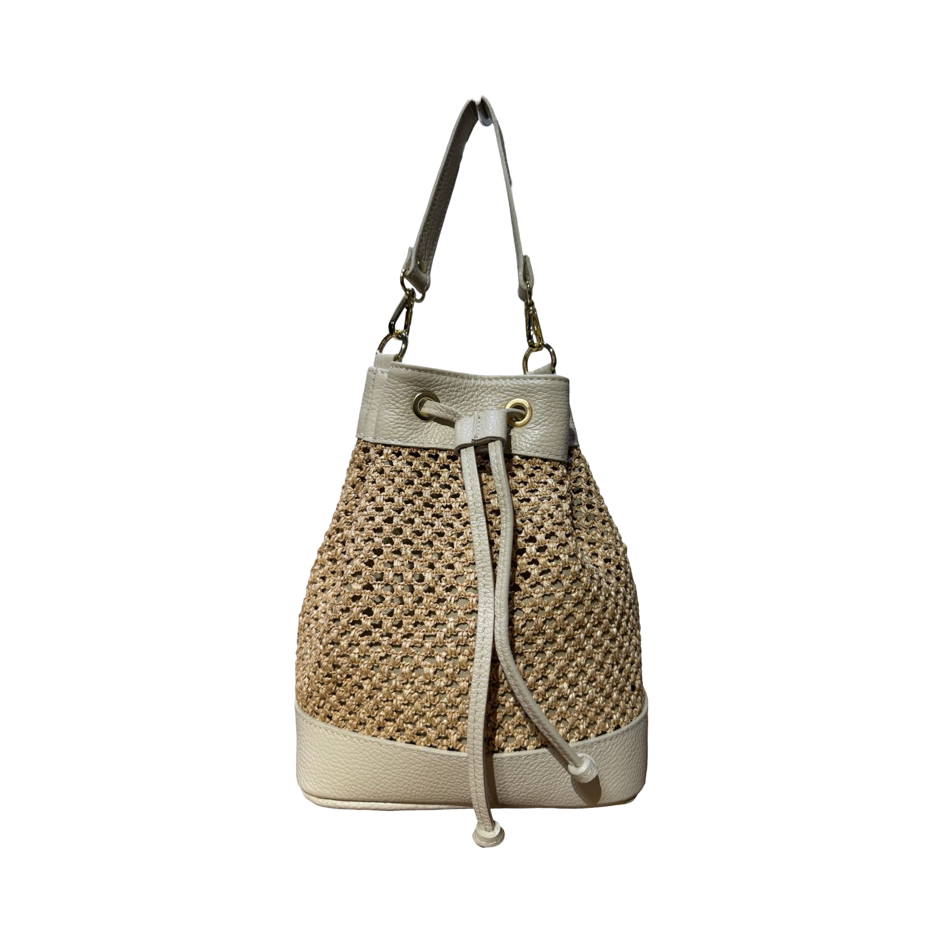 SAC SEAU RAPHIA GARNI CUIR SOLEA